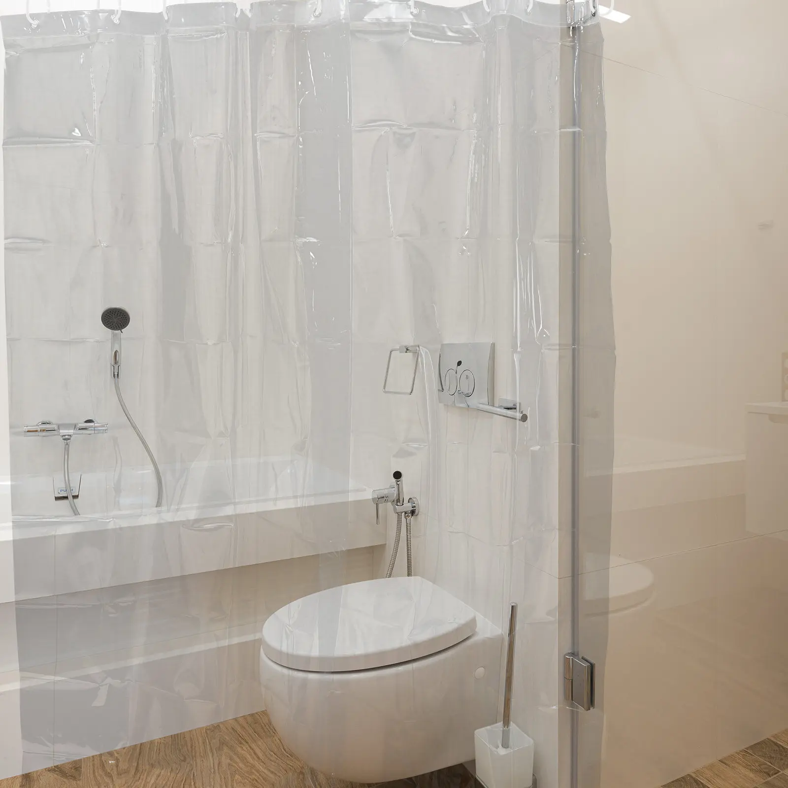 

Комплект из 1 шт. водонепроницаемой прозрачной шторки для душа из материала PEVA для ванной комнаты, простой элегантный дизайн, утяжеленный край, быстросохнущая, для дома