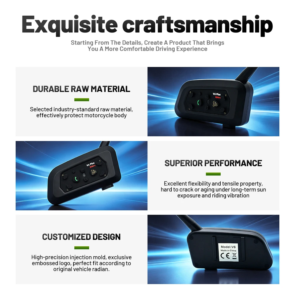 V6‑Plus Helmet Intercom Headset,850mAh Battery,800M 6‑Rider Group Talk,IP65 Water‑Resistant Moto Wireless Communication Device
