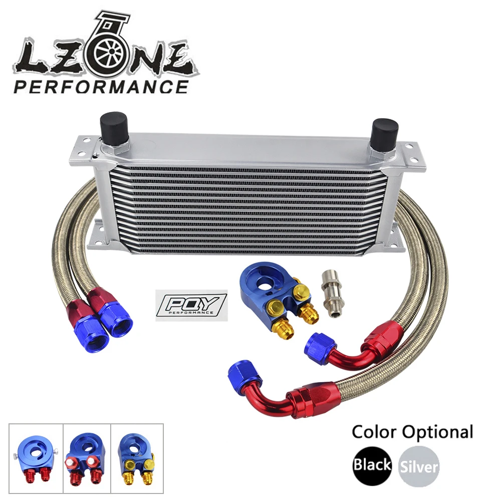 LZONE - UNIVERSAL 16 ROWS OIL COOLER +OIL FILTER SANDWICH ADAPTER+SS  STAINLESS STEEL BRAIDED AN10 HOSE W/ PQY STICKER+BOX