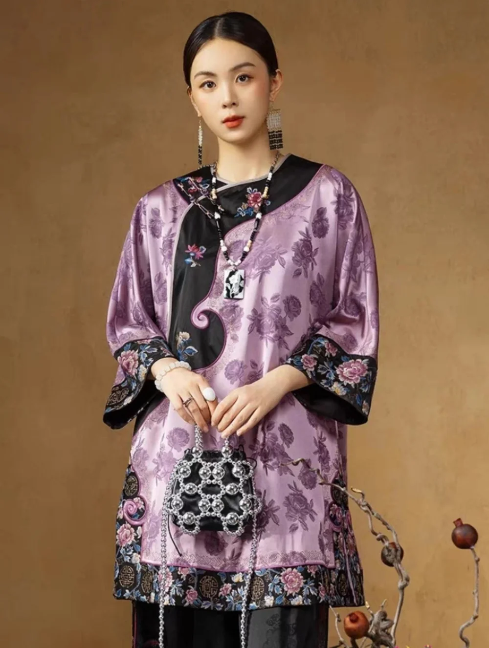 Роскошные жаккардовые топы, фиолетовая косая открывающаяся женская блузка с вышивкой, длинная винтажная весенняя одежда в китайском стиле
