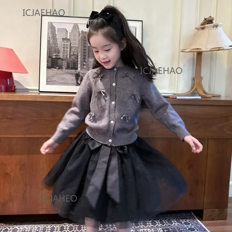 

Teen Girl Clothes Children Girls Gray 3D Bow Cardigan Black Skirt Set Matching Spring Fall Outfit Outerwear Kids Vintage Cute