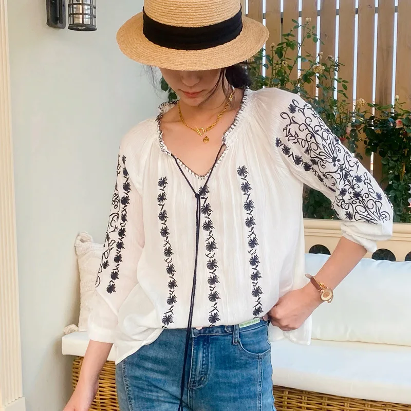 GypsyLady Boho Embroidery Chic Blouse Shirt White Stylish Vintage Rayon Tassels Sexy Ladies Blouse Holiday Women Casual Tops New