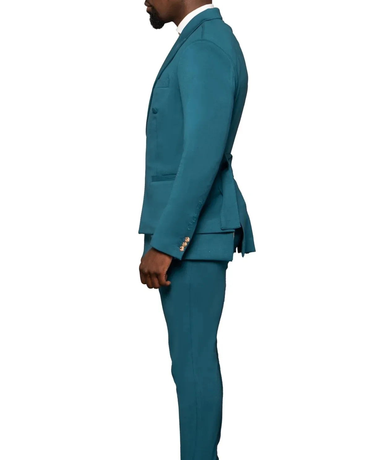Men's Double Breasted Notch Lapel Deep Teal 2 Piece Suit with Side Buckle Belt and Metal Lapel Pin Slim Fit Custom Made M264528