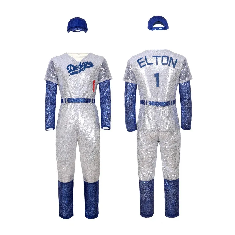 

Rocketman Elton John Dodgers Cosplay Costume Baseball Uniform Jumpsuit Hat Halloween Party Costumes Outfit for Women Men