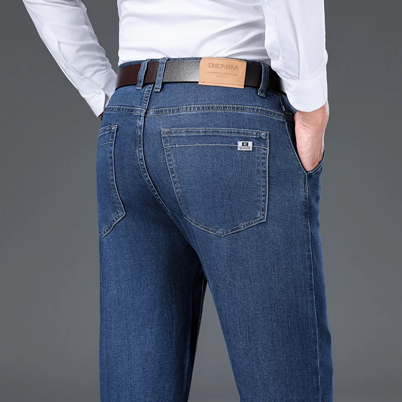 Homens de luxo Lyocell tecido Jeans Baggy, reto, stretch, roupas masculinas de negócios, calças de trabalho, moda primavera, novo