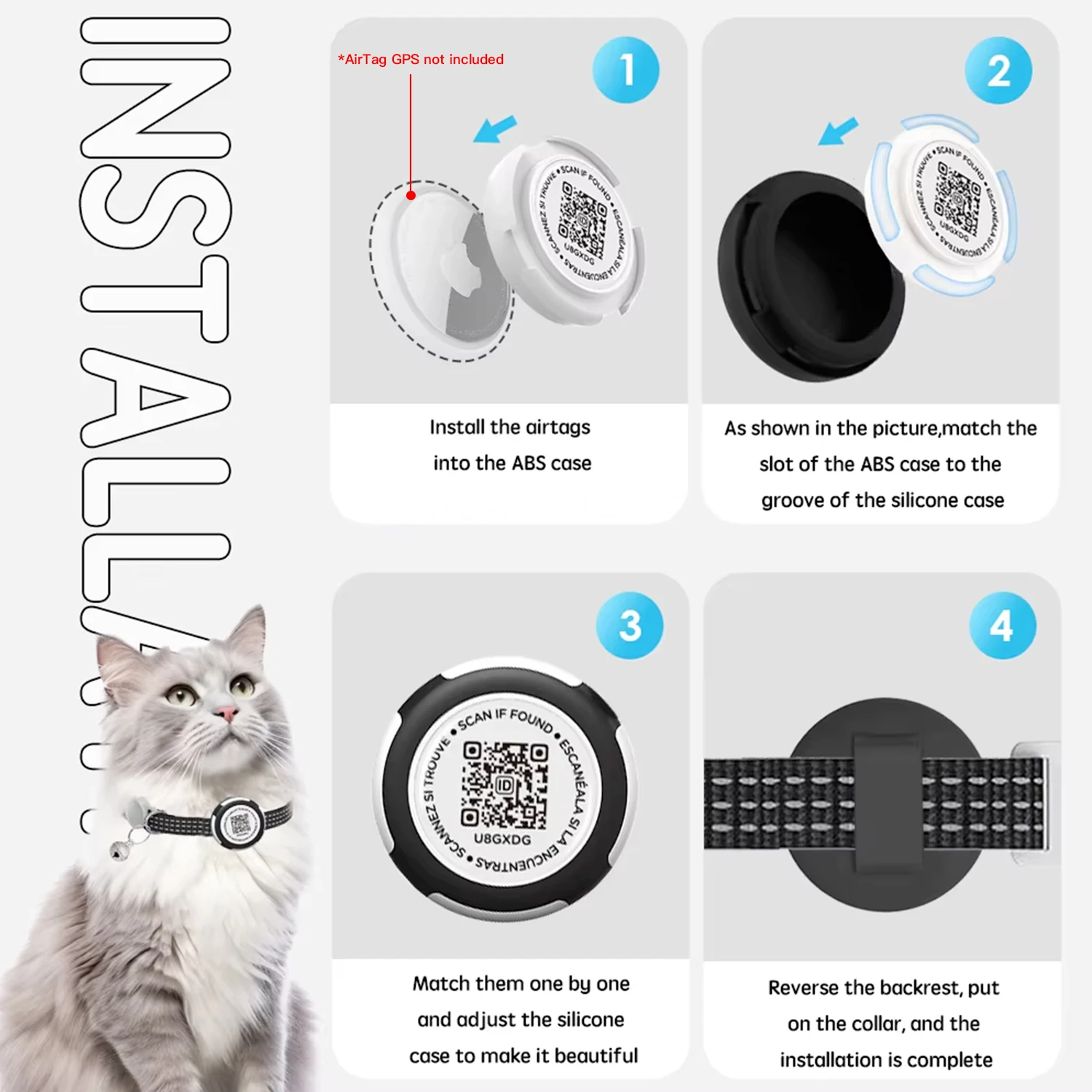 GPS Tracker Cat Collar with Airtag Case & QR ID Tag Dual Protection Reflective Kitten Collar for Cats Gatos Puppy Air Tag Cats view 5