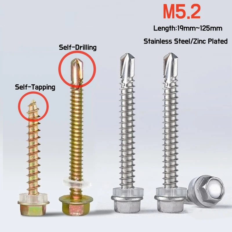 Tornillo Hexagonal externo M5.2 de acero inoxidable, herramienta autoperforante con arandela, chapado en Zinc, 5/10 piezas