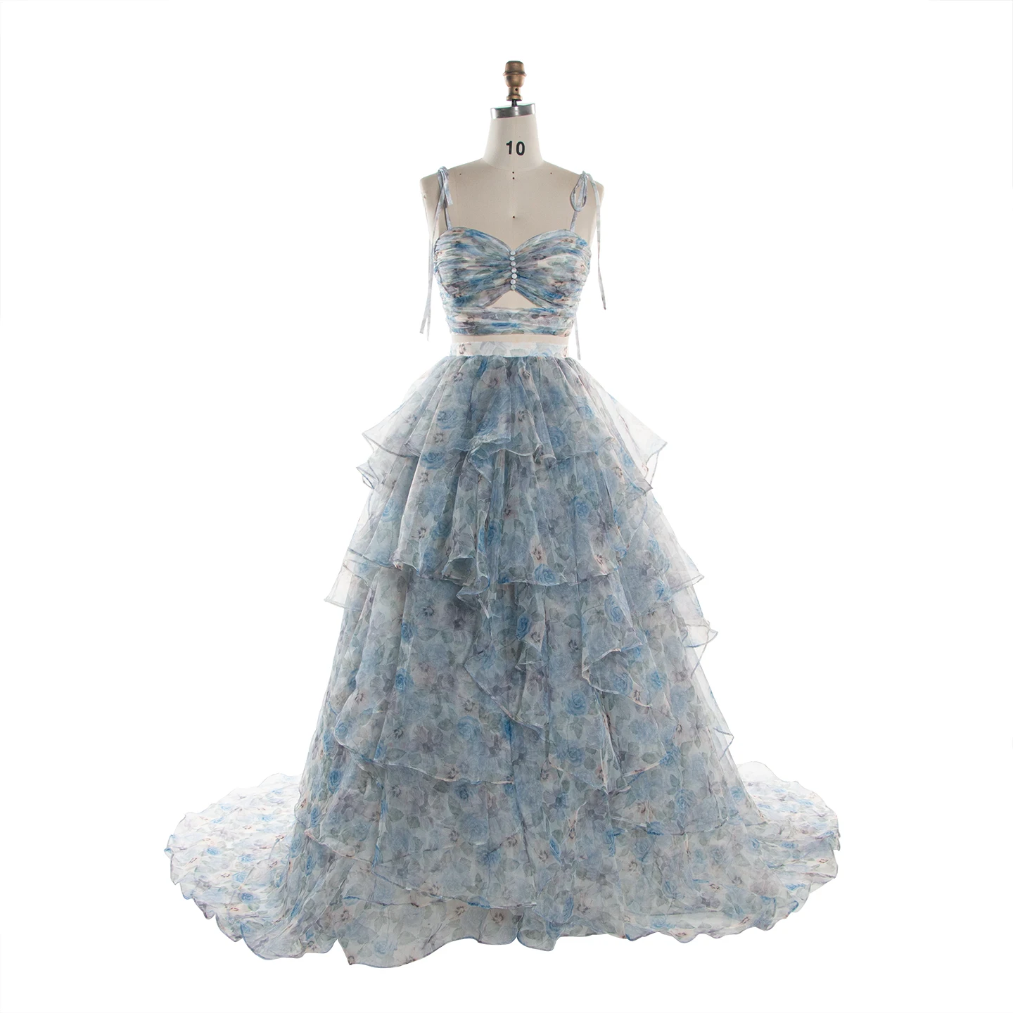 Blue Floral Two-piece Photoshoot Gown Layered Tiered Ruffle Special Occasions Dress YW260287