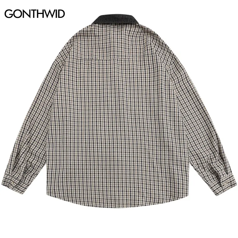 Harajuku Plaid Shirt Fashion Embroidery Floral Flowers Long Sleeve Button Shirts Streetwear Hip Hop Casual Blouses Yellow Black