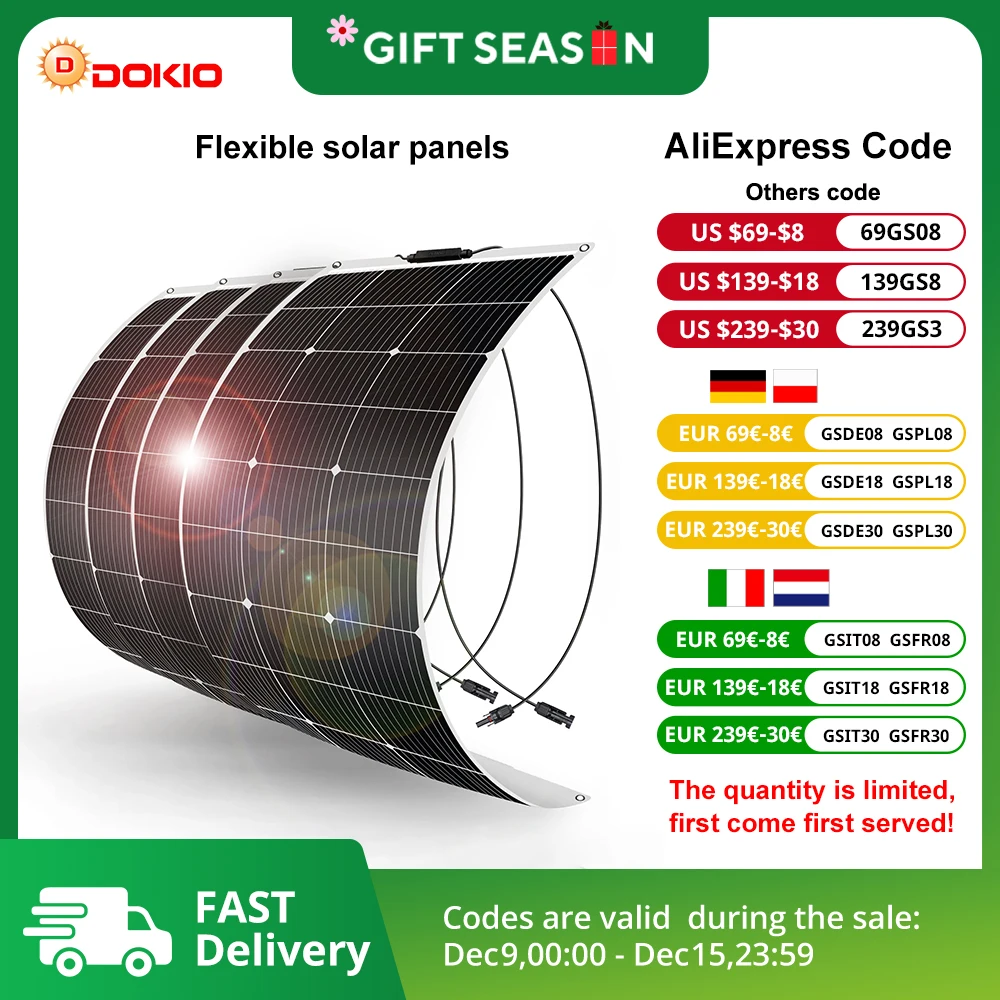 DOKIO 4PCS 400W 18V monocrystalline flexible solar panel, suitable for camping, RV installation can charge 12V batteries