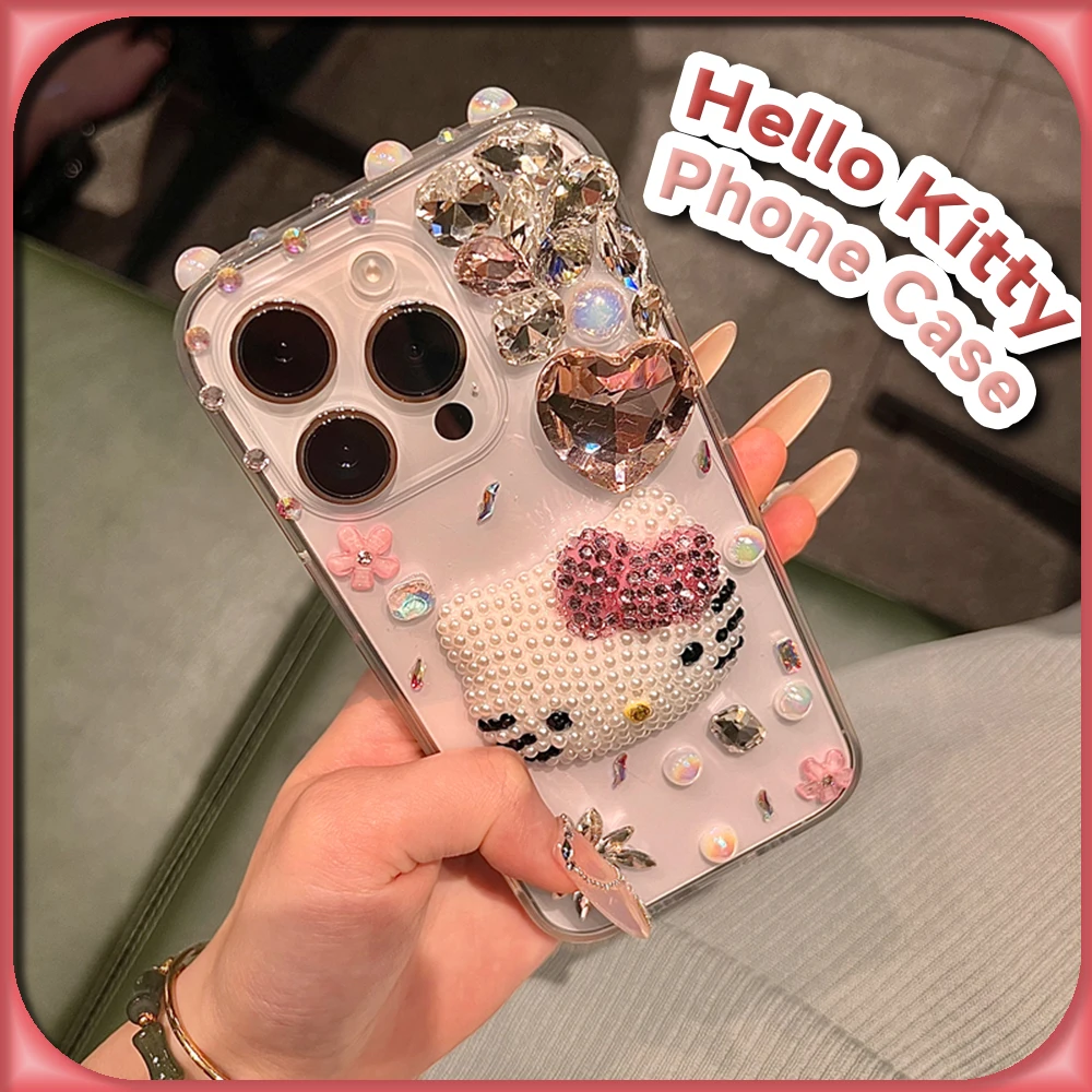 Kawaii Hello Kitty Rhinestone Transparent Case for IPhone 16 15 14 13 12 Pro Max Sanrio Anime Cute Fashion Protective Cover