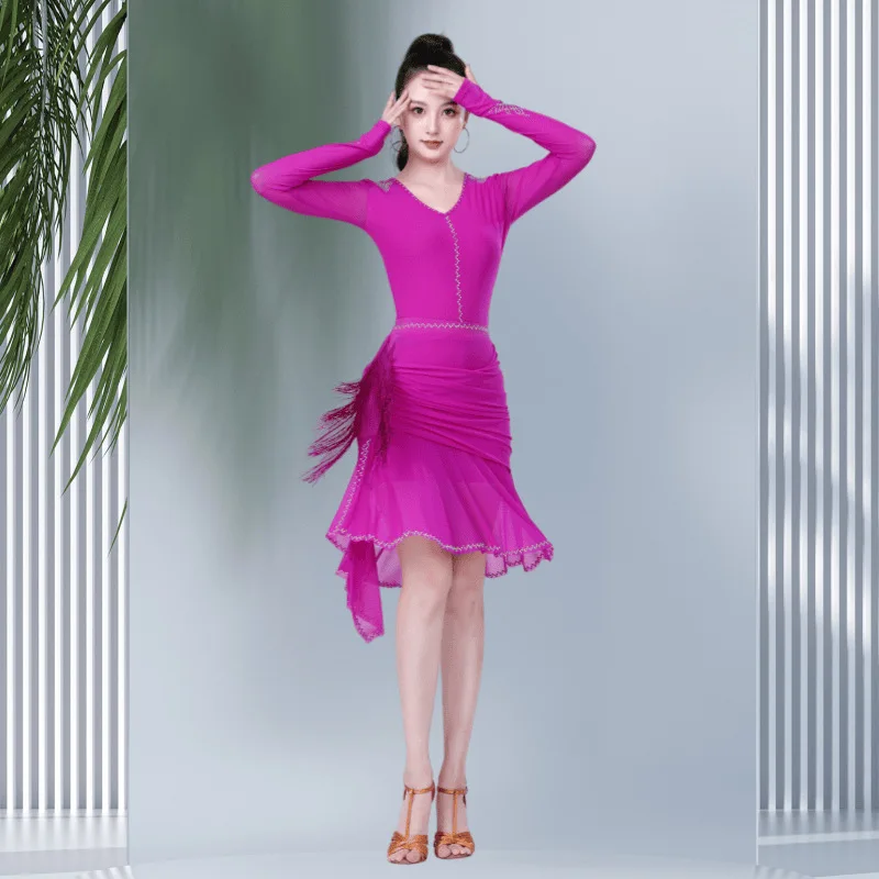 

New color diamond one-piece mesh performance dance costume square dance Latin dance tassel practice and dancing skirt