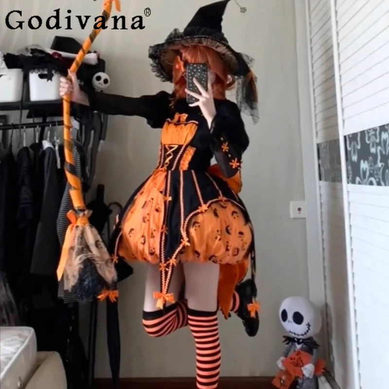 

Halloween Cos Dress Long Sleeve Shirt 2-Piece Set Japanese Girl's Women Sweet Cute Kawaii Lolita Pumpkin Dress Jsk Vestidos