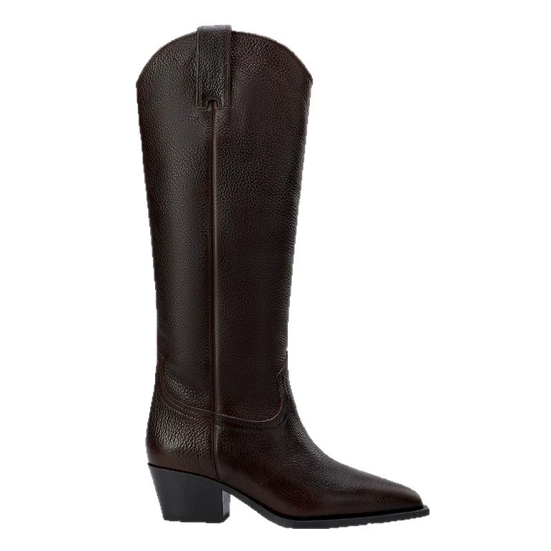 Chunky Heel Knee High Boots Women Spring Autumn Leather Shoes Ladies Western Cowboy Boottes British Style Pointed Toe Long Boot