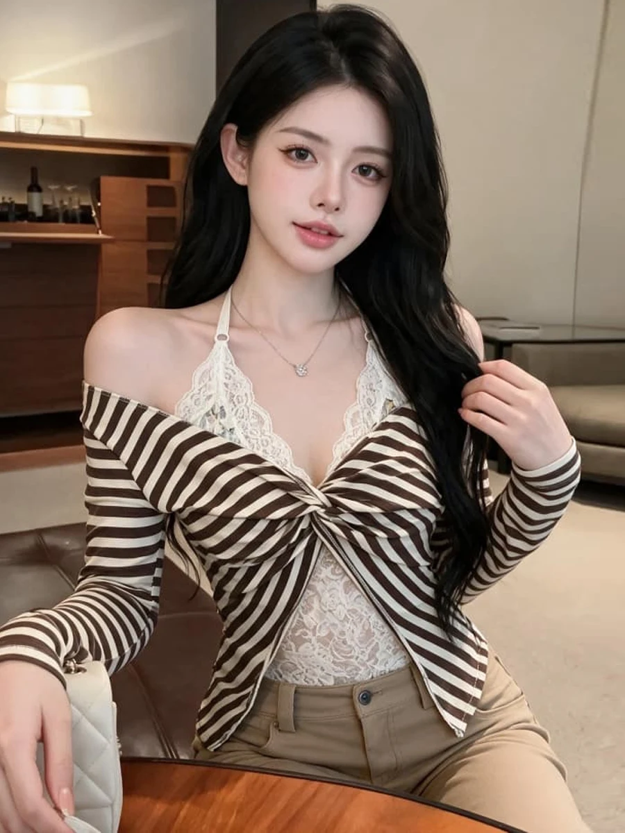 Korean Style Long Sleeve Lace Neck T-Shirt Women's Fashion Versatile Design Knot Uneven Personality Top Casual Polyester Fabric
