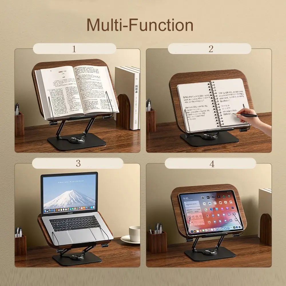 

Solid Wood Reading Rack 360° Rotating Base with Elastic Page Clips Book Stand Adjustable Foldable Laptop Holder Desktop Riser