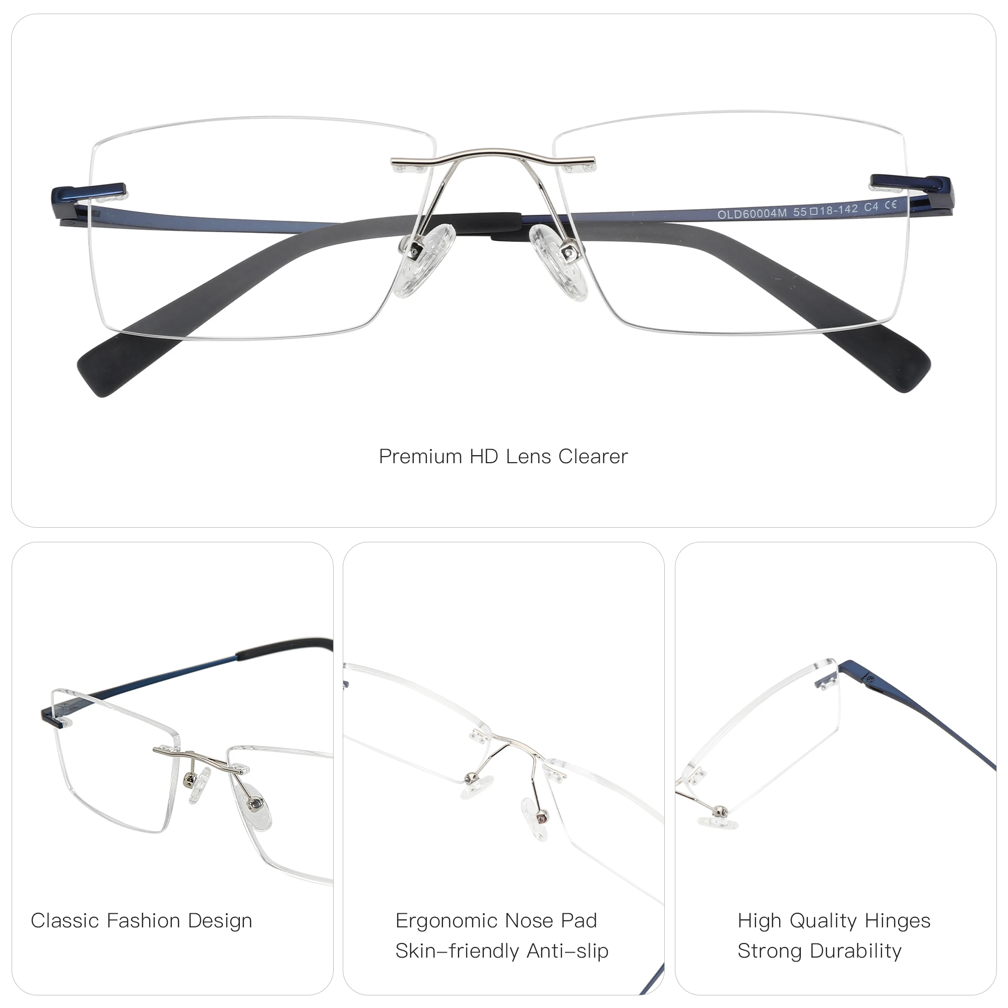 نظارات طبية بدون إطار مستطيلة معدنية من BLUEMOKY، عدسات بصرية تقدمية مضادة للضوء الأزرق للرجال مع وصفة فوتوكروميك #6