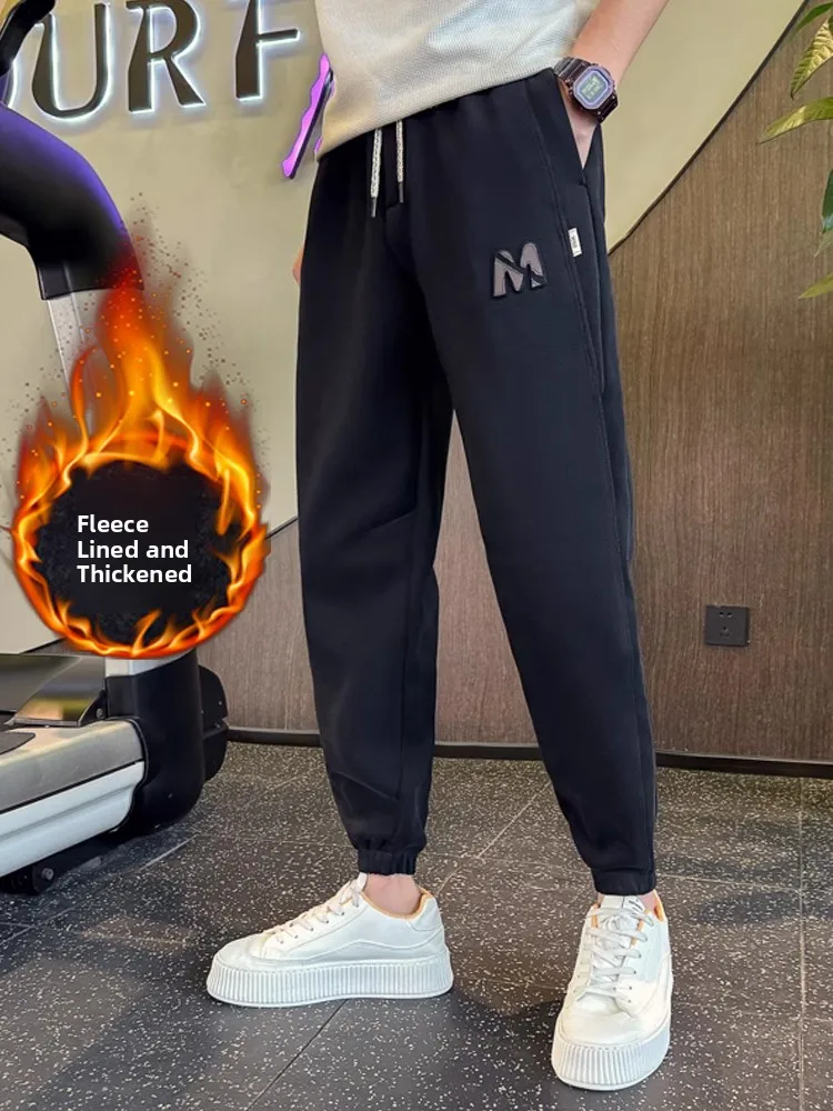

Мужские повседневные брюки на флисе для осени и зимы, свободного кроя, молодежные, теплые, черные, с манжетами, для отдыха