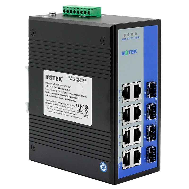UOTEK 12 Ports Full Gigabit SFP Unmanaged Ethernet Switch Supports Power Alarm Function IP40 Protection UT-60012G-8GT4GP-BNF