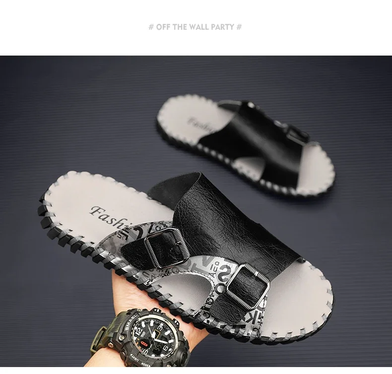 

Brand 2023 New Summer Men's Slippers Genuine Leather High Quality Beach Casual Shoes Flat Outdoor Sandals Big Size 38-48