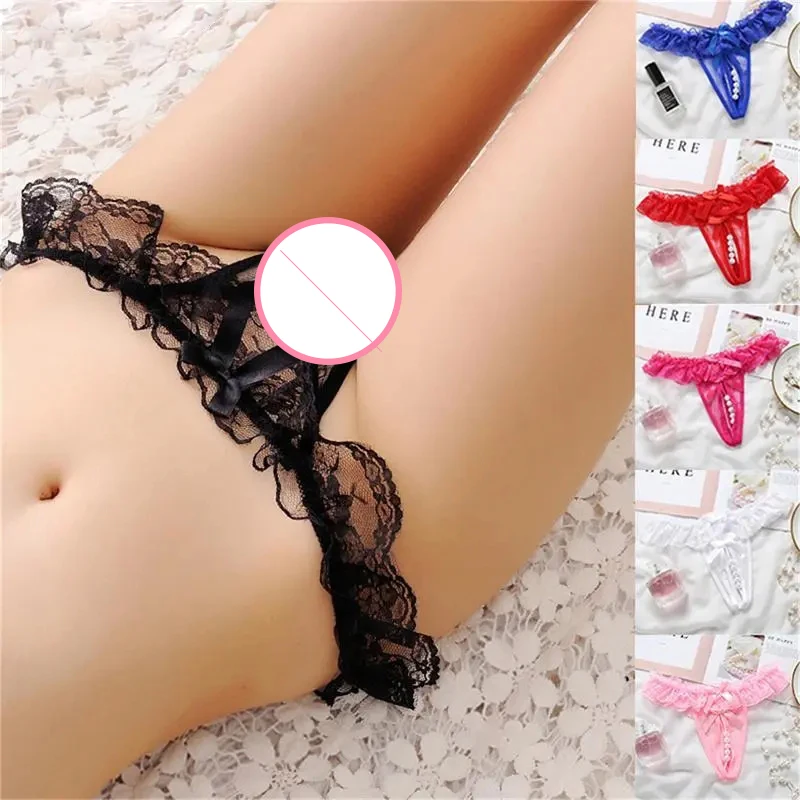 

Women Sexy Panties Girl Gauze Bowknot Beads Lace Lingerie Underwear Low Waist Pearls Underpants Female Thongs Briefs Temptation