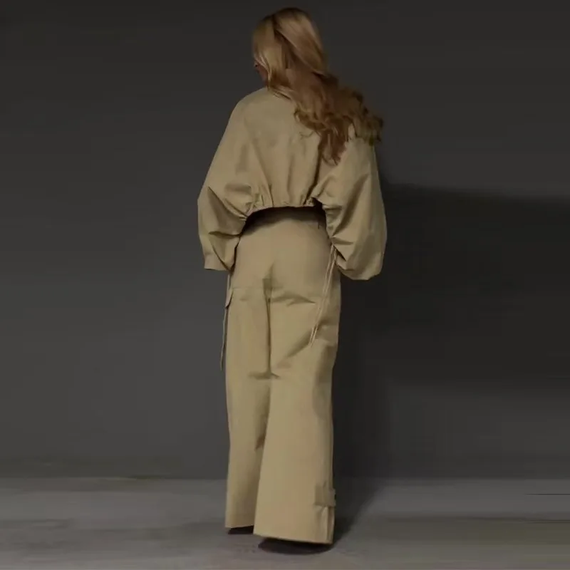 High Street 2-teiliges Set Frühling Ins Workwear-Stil Laternenärmel Loser Oberteil mit Kordelzug, gepaart mit Workwear-Hosen mit weitem Bein – Detail 4