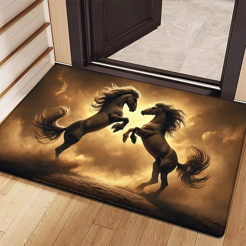 theme of two horses galloping Flannel-printed floor mats has a non-slip function is suitable entrances bathroom welcome carpets
