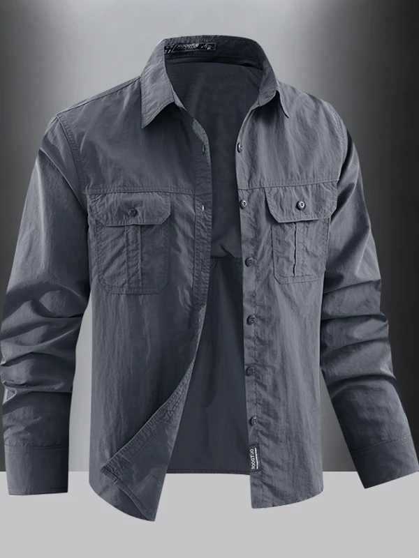 

Men's Outdoor Long Sleeve Shirt Quick Dry Loose Fit Breathable American Casual Workwear Coat Nylon Fabric Pocket Design