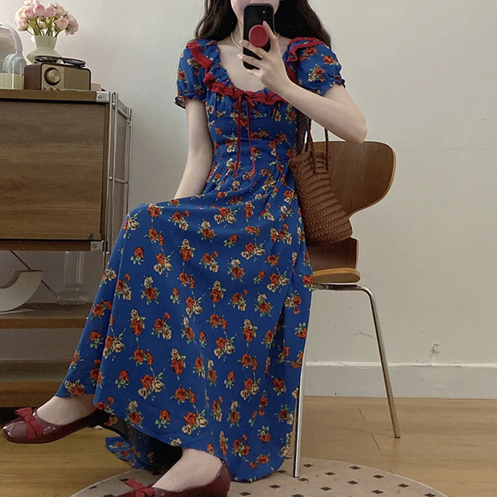 French Retro Ruffled Collar Floral Blue Patchwork Dress For Women Slim-fit Pastoral Fairy Tea Party Dress Oversize For Summer