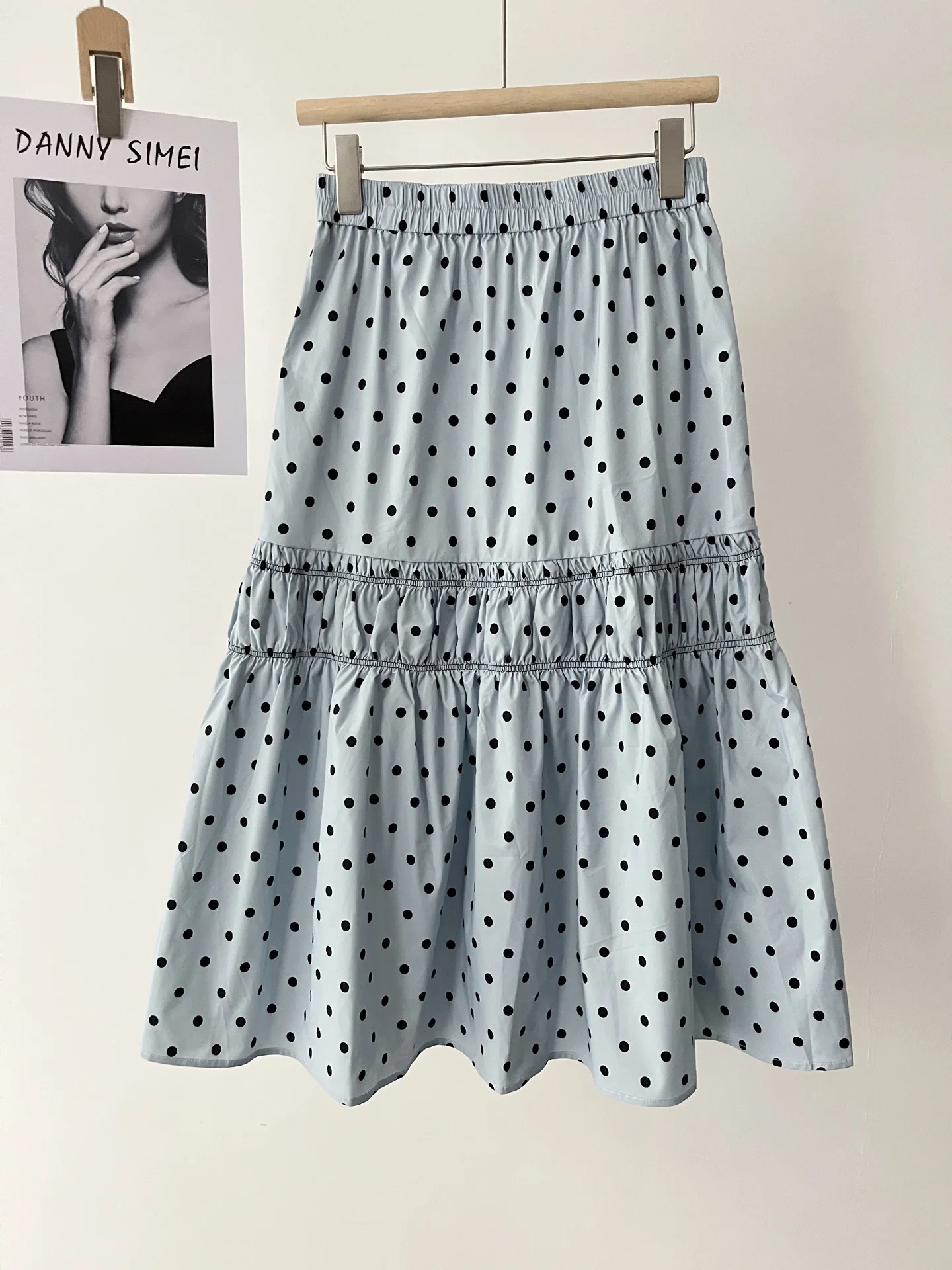 

Vintage romantic fashionable pale person pleated splicing polka dot blue skirt long dress women's summer 030-0959