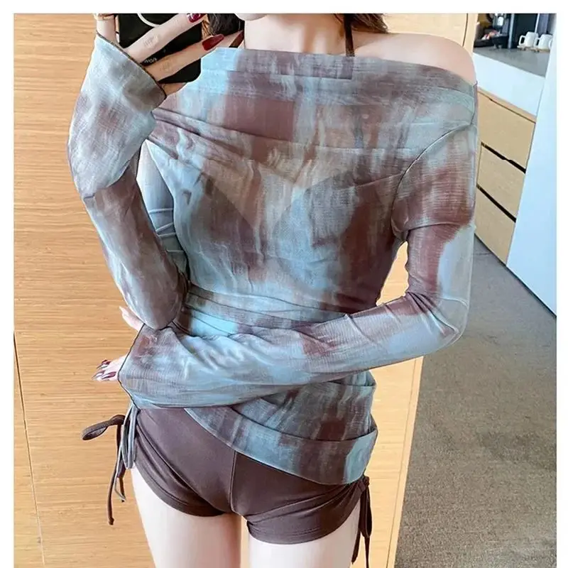 Set bikini senza spalline moda coreana sexy 3 pezzi tie-dye stampato con coulisse manica lunga top costumi da bagno di fascia alta copricostumi dimagranti