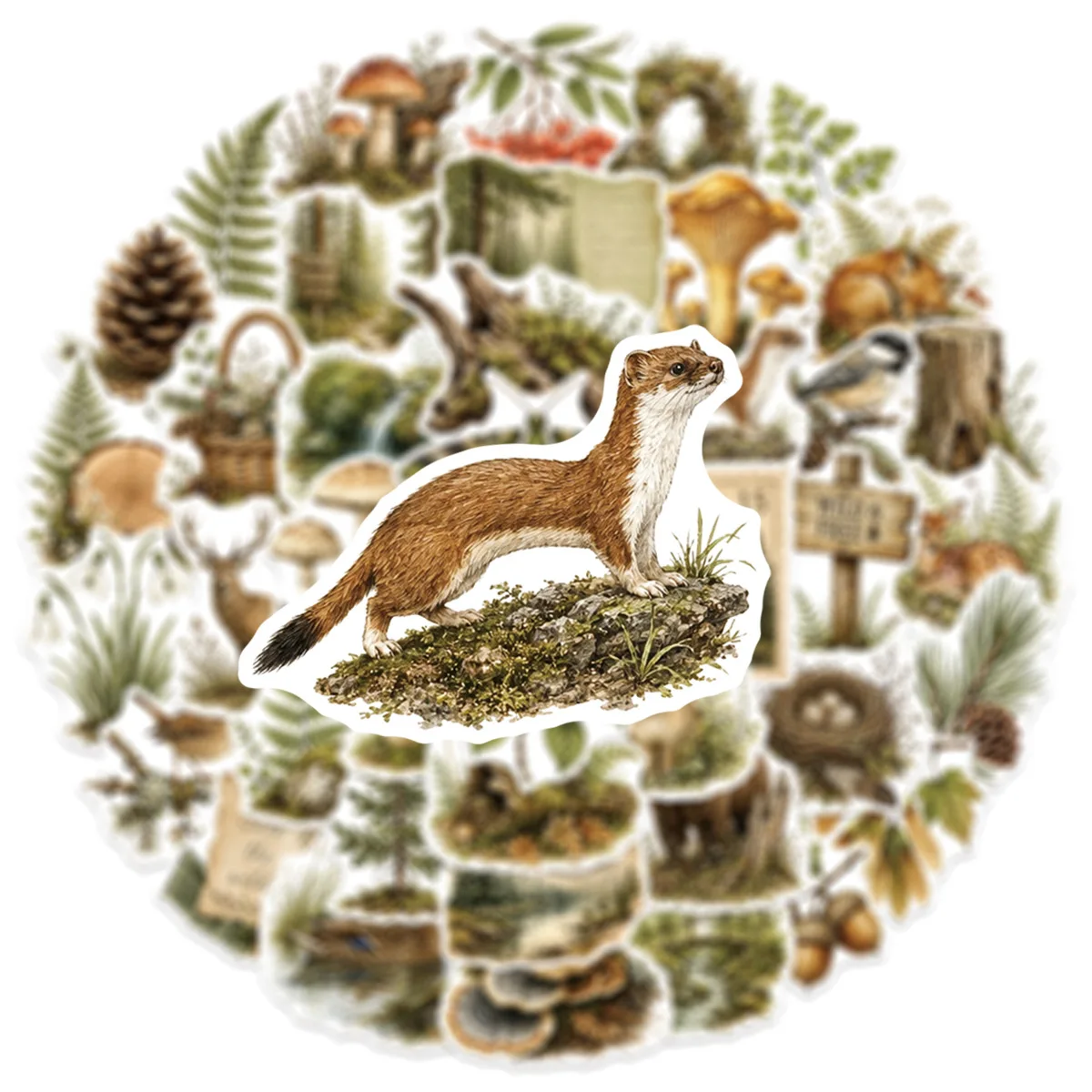 50Pcs Vintage Forest Wildlife Stickers Woodland Animal Mushroom Plant Decals for Junk Journal Scrapbook Laptop Luggage DIY Craft