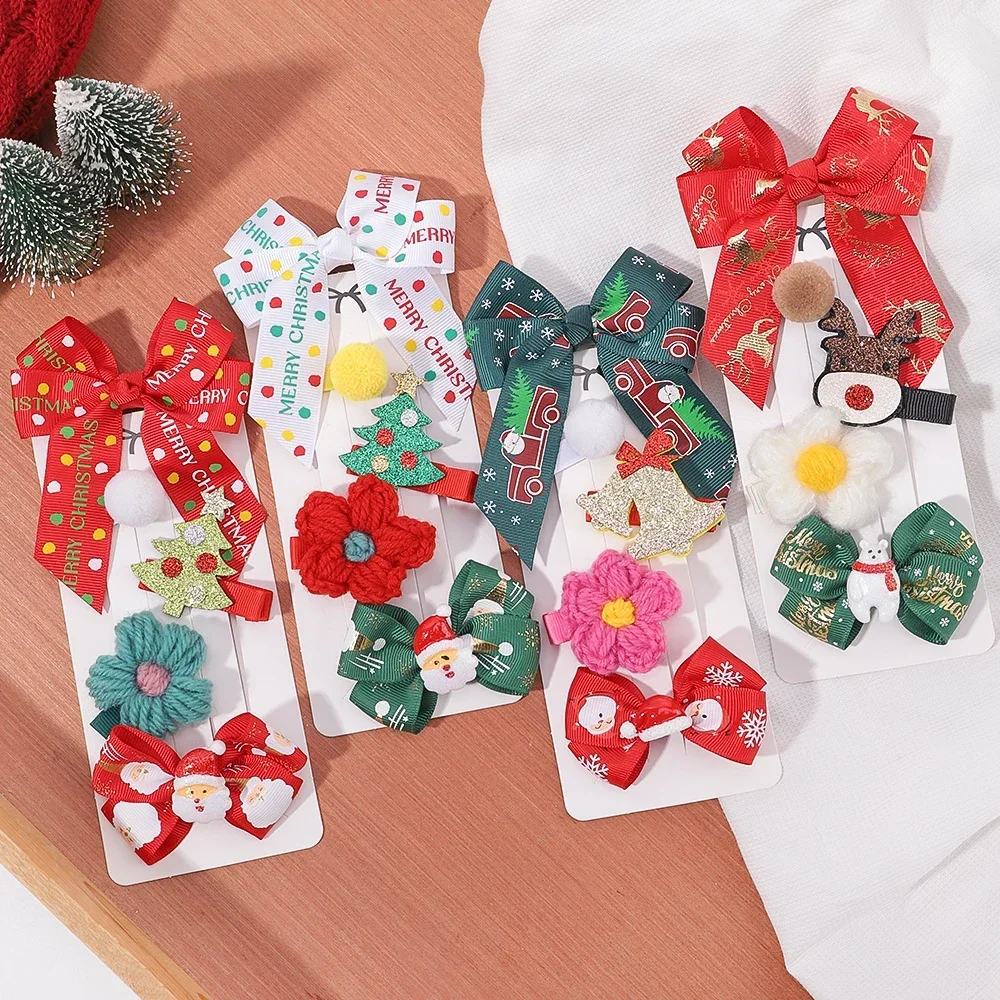 5PCS/set Christmas Bow Flower Hair Clips Set Cute Cartoon Hairpins Barrettes Headwear Girls Baby Hair Accessories Party Gifts