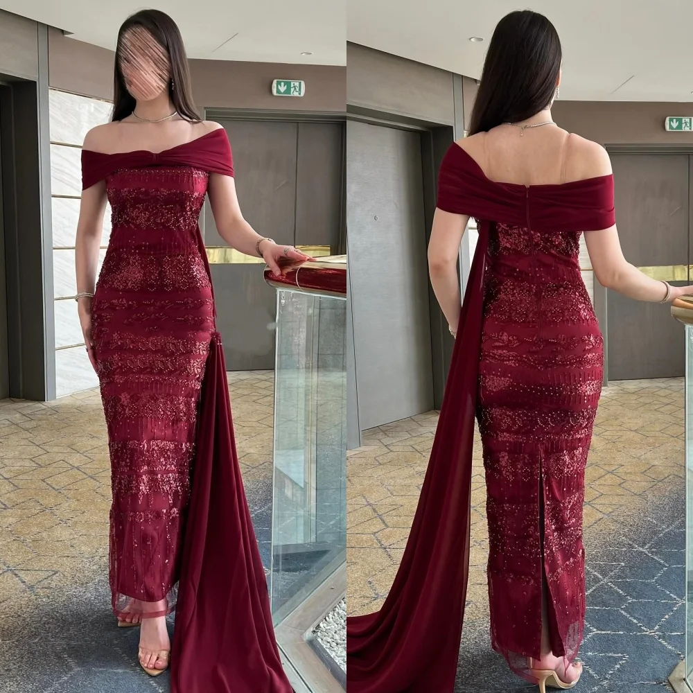 

Customized Elegant Exquisite Chiffon Sequined Beading Mermaid Off-the-shoulder Ankle Length Dresses Bespoke Occasion Dresses