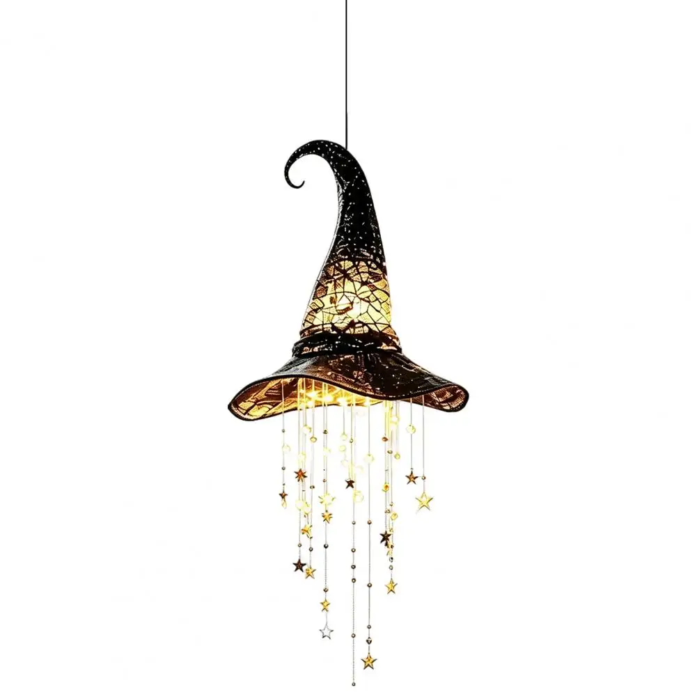 Halloween Hanging Witch Hat Decorations Spooky Halloween Entryway Ornaments Led Glowing Witch Hat Ornament with Star Tassels