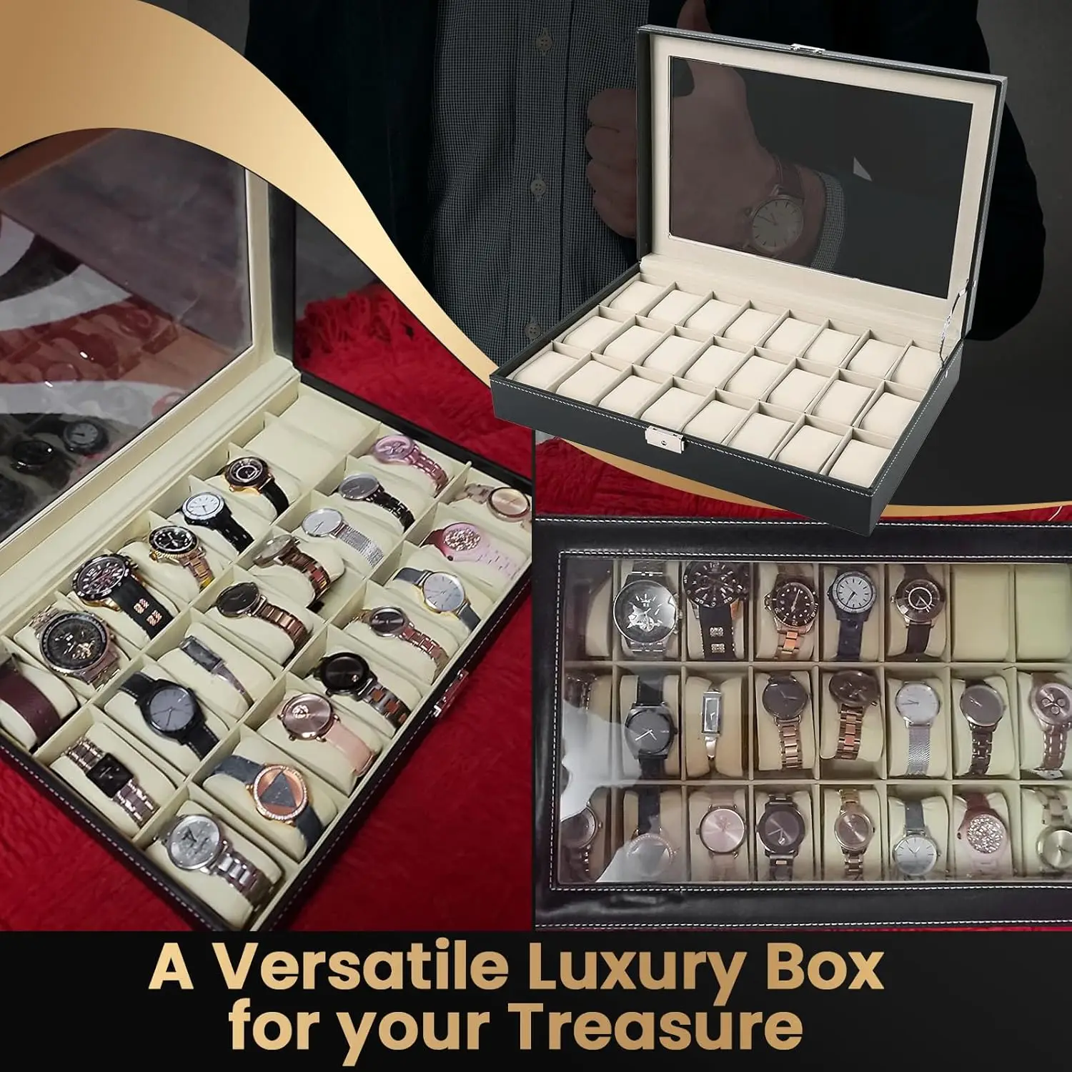 Watch Box 24 Slot Elegant Portable Black Watch Collection Box Case jewelry Men & Women
