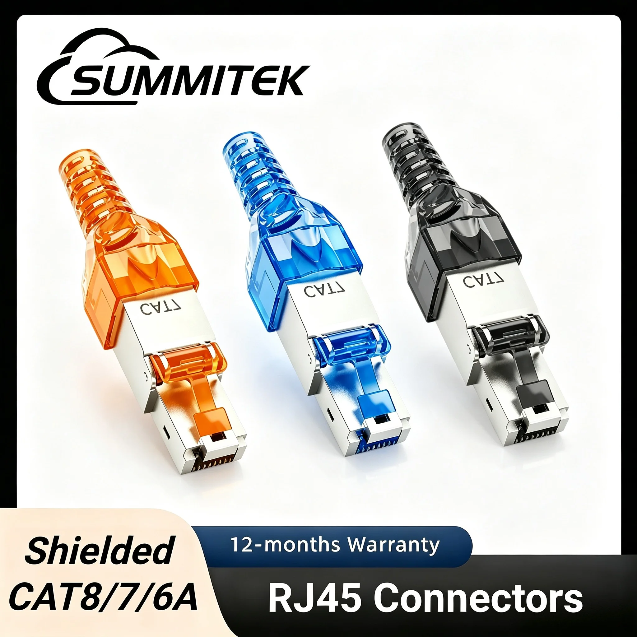 SUMMITEK RJ45 CAT8 Cat7 CAT6A Connector Tool-Free Reuse Module Shielded FTP 8P8C Crimp Ethernet Termination Plug for 23AWG Cable