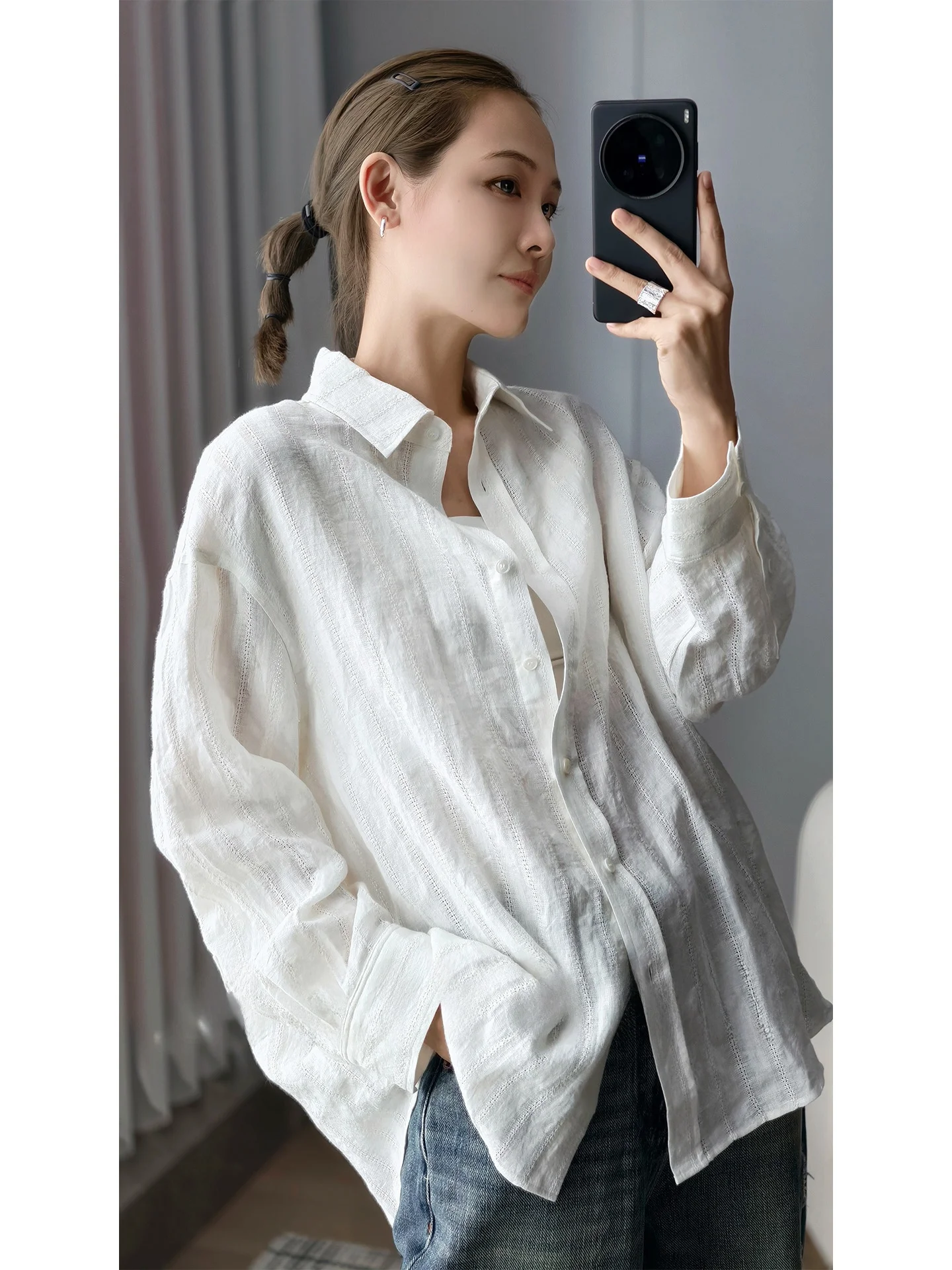 

MeiYang Linen irt Embroidered Hollow out Long Sve Women's Loose Fit Button down Classic Sle Pure Color Autumn irt