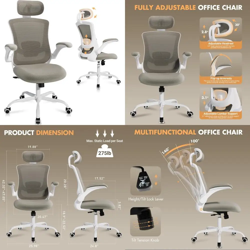 

Ergonomic High-Back Mesh Office Chair with Adjustable Lumbar and Head Support, Flip-Up Armrests for Breathability