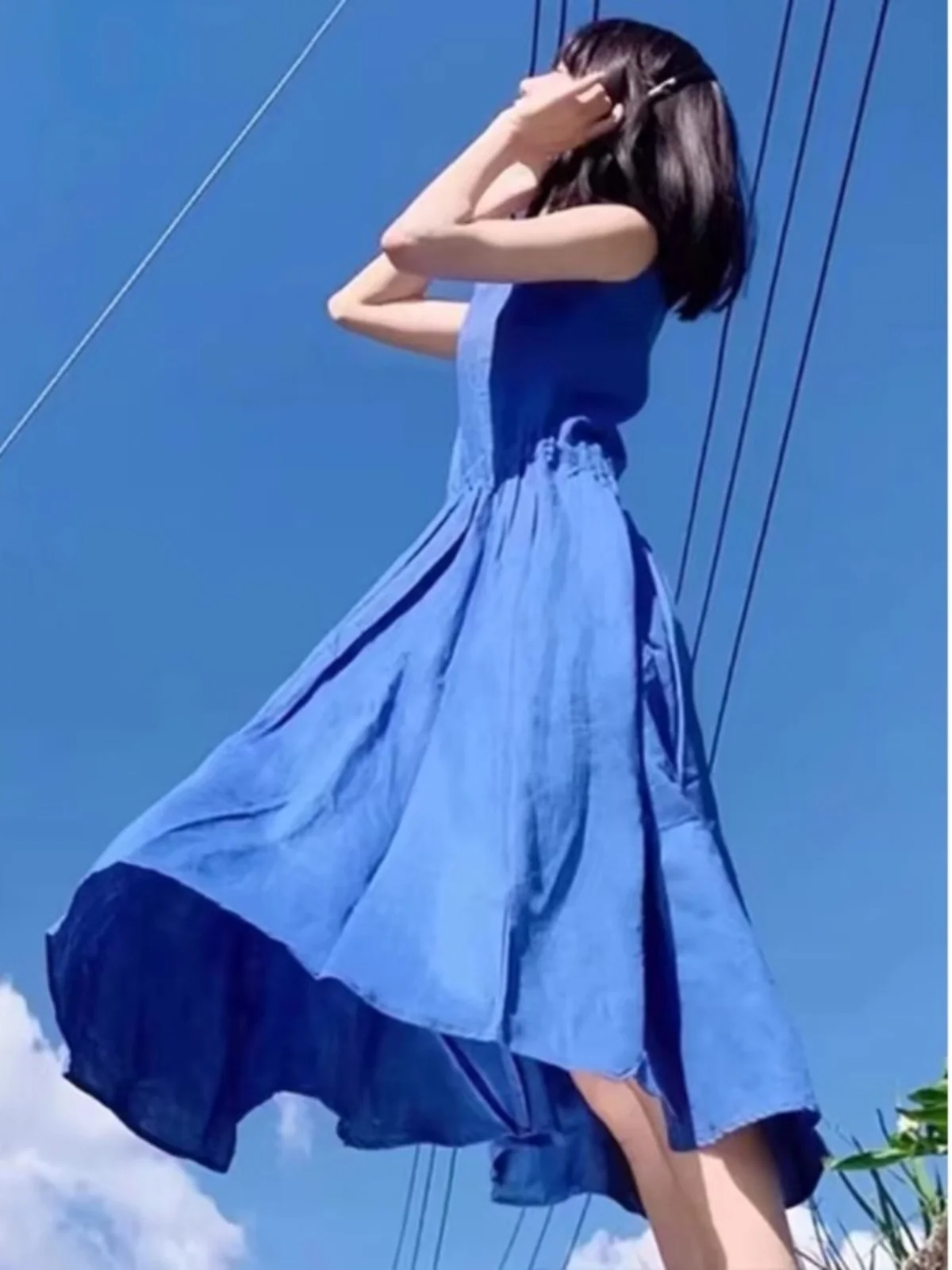 

Синий летний жилет с атласным вырезом Dr, женское свободное расклешенное пляжное праздничное платье трапециевидной формы, юбка-миди, винтажная круглая тонкая ткань