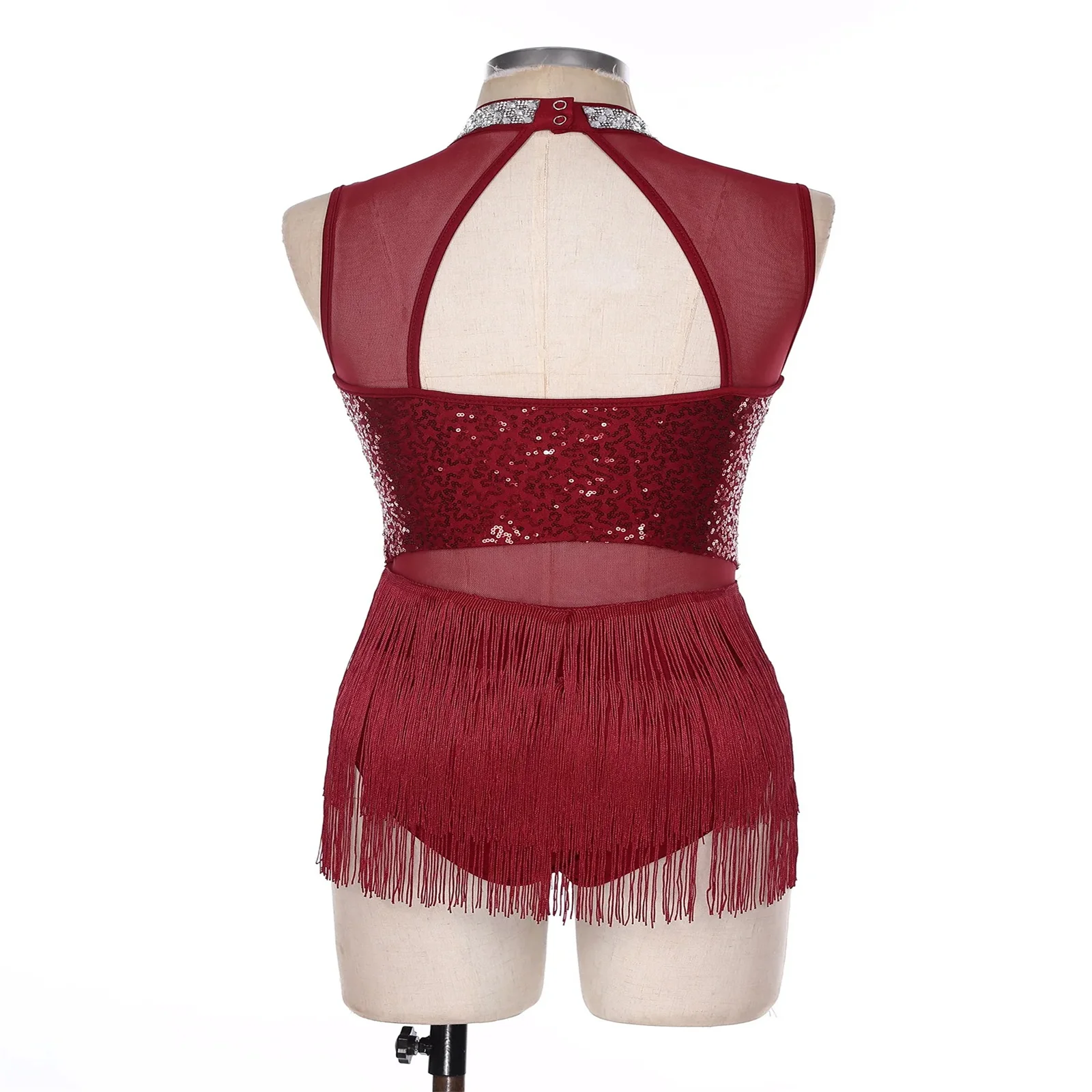 

Женский купальник с бахромой, блестящий костюм со стразами и воротником, сетчатое лоскутное танцевальное платье с блестками, сценическое боди для латинского танго, румбы