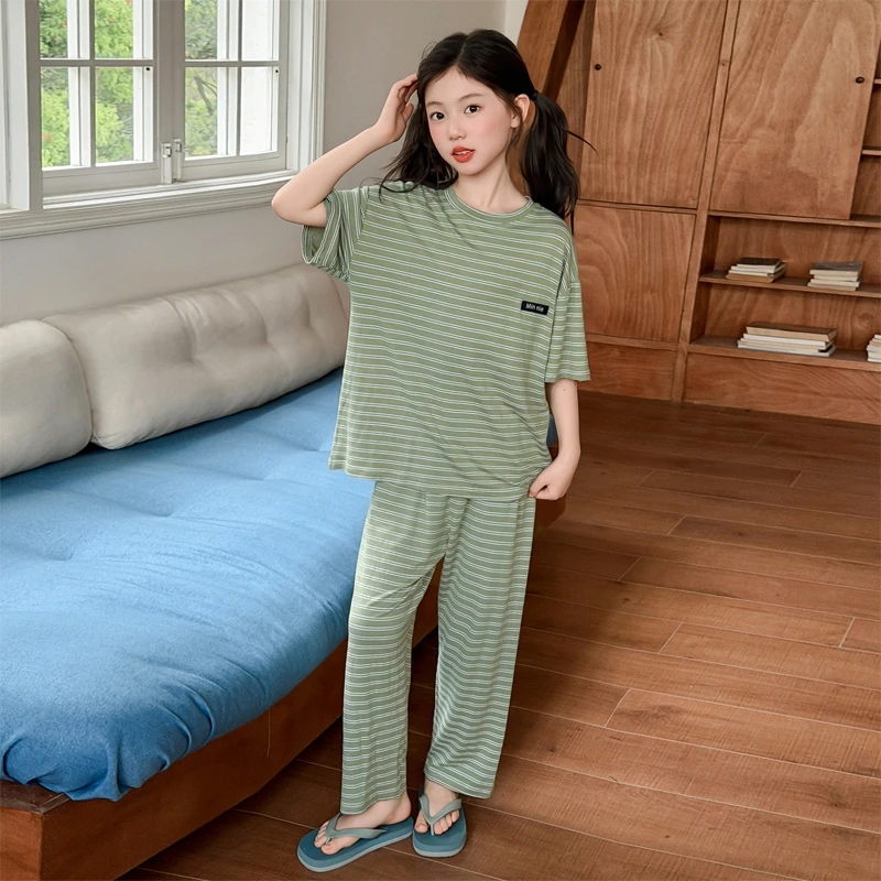 Girls Modal Striped Pajama Set, Short Sleeve Top + Long Pants 2-Piece, Loose Kids Loungewear, Home Nightwear For Teen Girls