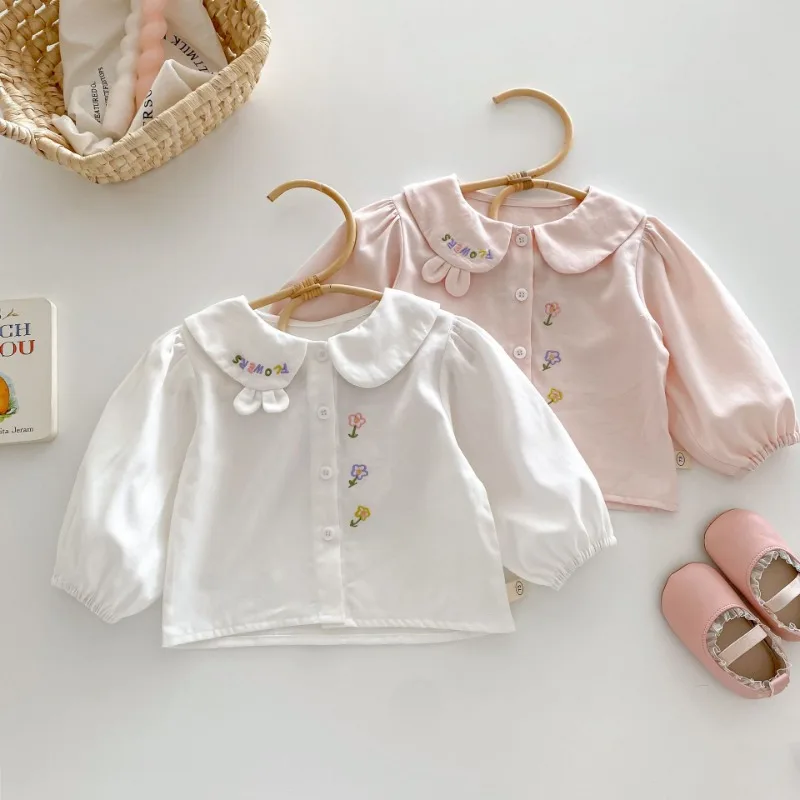 

Stylish Baby Girls Flower Embroidery Shirts 0-5 Years Old Cartoon Lapel Girls Cotton Cardigan Childrens Casual Shirt Outerwear