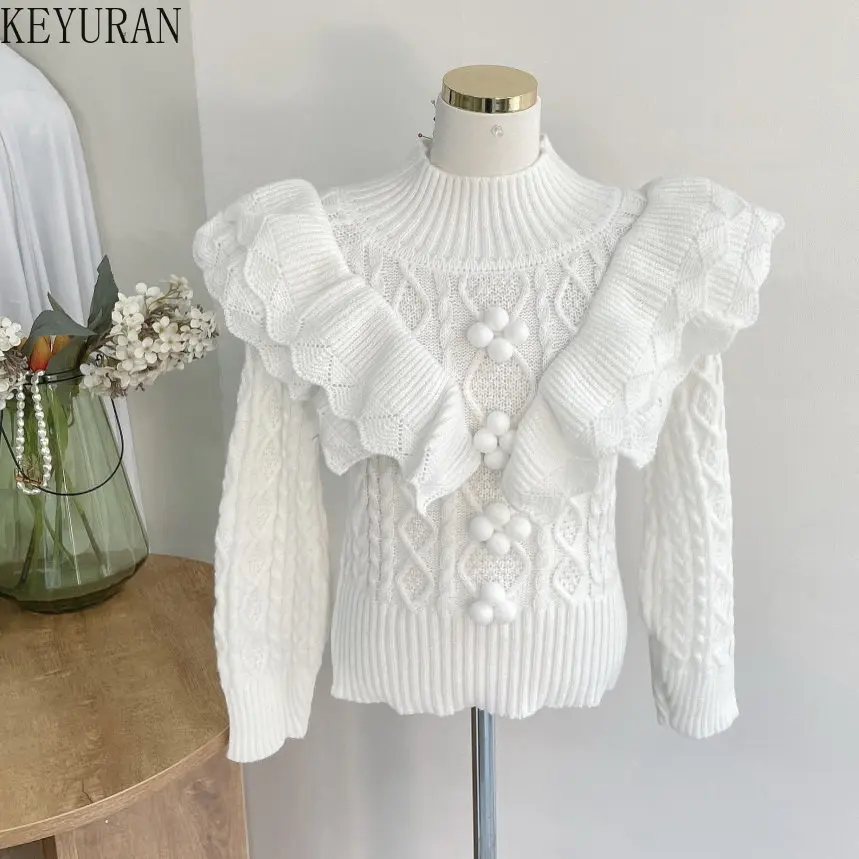 Chic Ruffles Floral Knitted Sweater Women Korean Fashion Vintage Lantern Sleeve Knitwear Pullovers Turtleneck Sweaters Jumpers