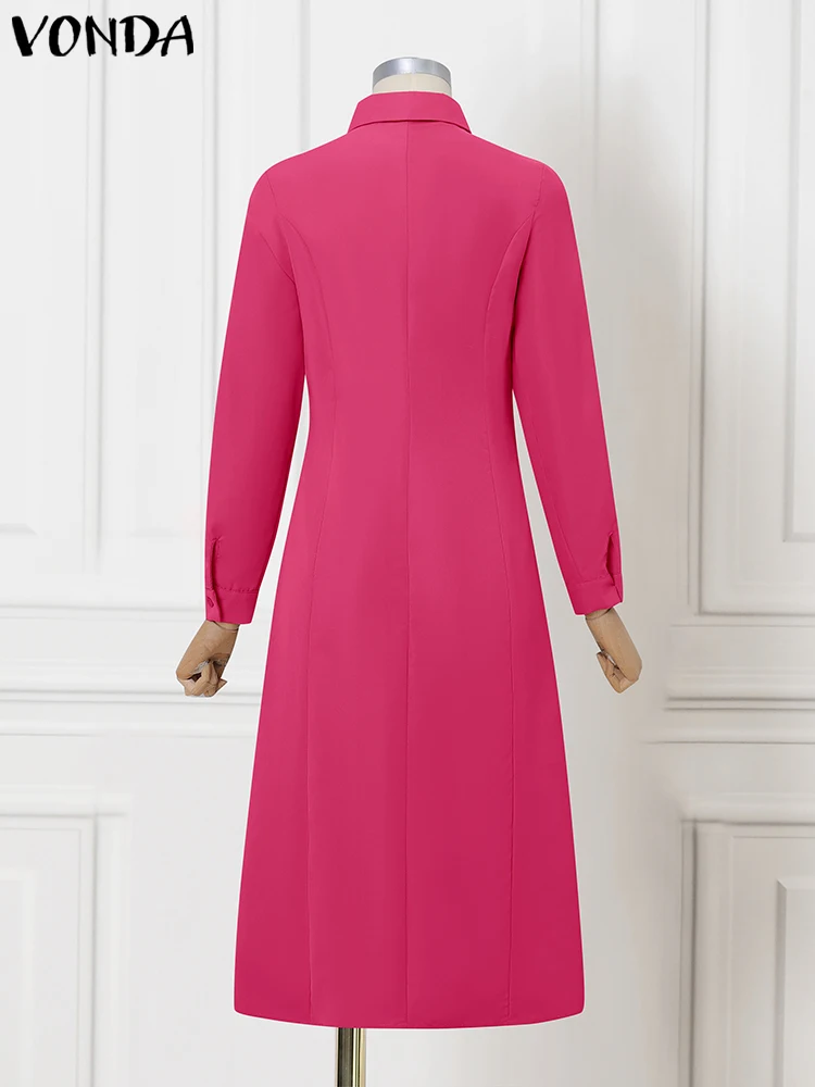 2025 Vestidos camiseros largos elegantes para mujer VONDA, Vestidos largos lisos con cuello de solapa de manga larga, Vestidos de otoño con botones y bolsillos, bata de fiesta para mujer