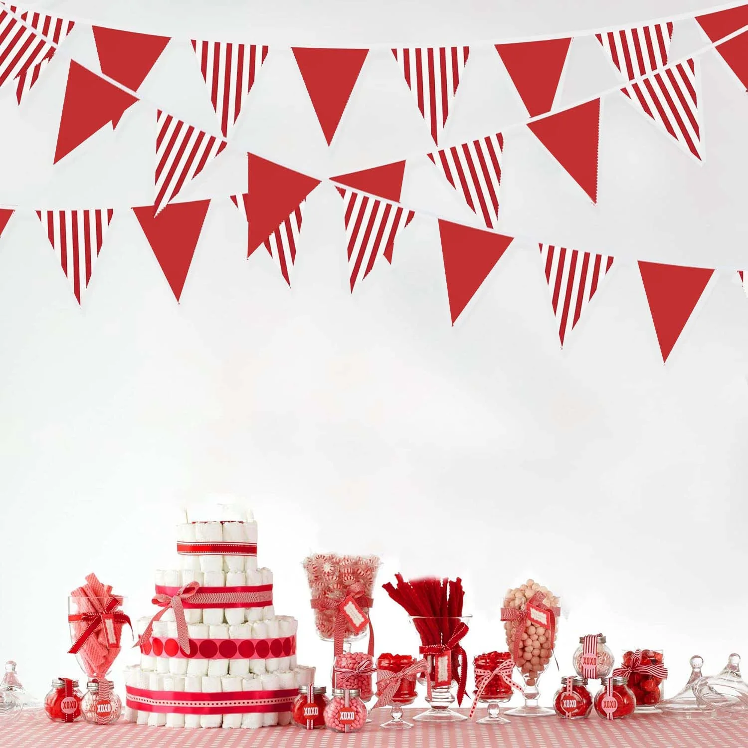 10M Red and White Banner Triangle Flag Bunting Garland Streamer for Carnival Circus Kids Birthday Wedding Outdoor Garden Hanging