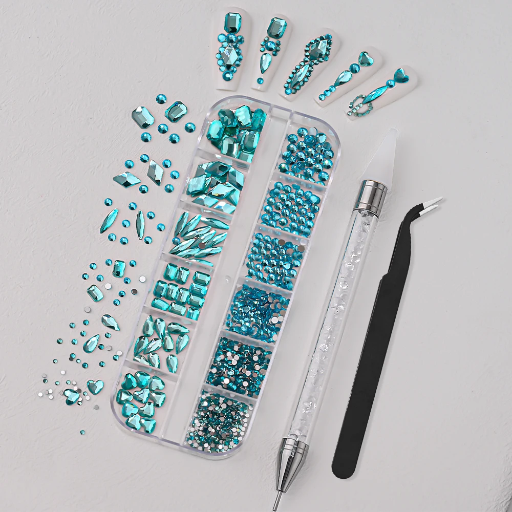 12 rejillas de diamantes de imitación 3D para decoración de uñas, color azul lago, con 2 herramientas, gemas de diamante de cristal de forma mixta, dijes para uñas para decoración de manicura de océano de verano