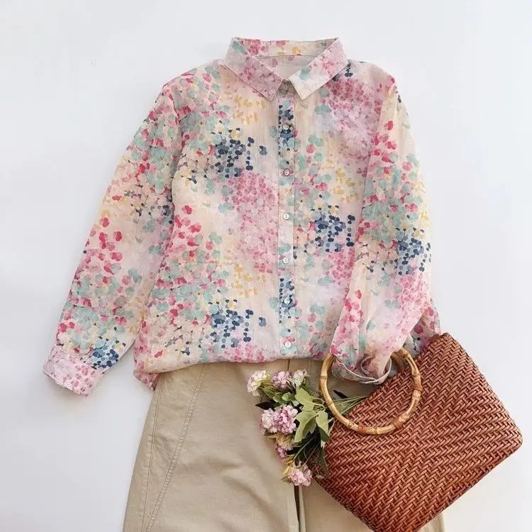 

Pink Printed Women's 2025 Spring New Versatile Loose Thin Long Sleeved Shirt Women's Top