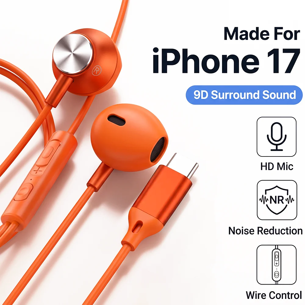 Fones de Ouvido com Fio para iPhone, Intra-auriculares, Som Surround HiFi, USB Tipo C, Conectores de 3,5mm para Apple 17 Pro Max 16 15 Plus iPad