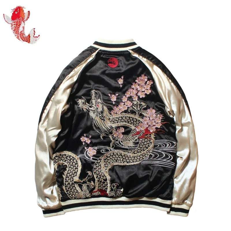 2024 New Spring Autumn Women\'s Cherry Dragon Embroidered Both Sides Wear Bomber Jacket Men and Women Couples Baseball Coat